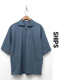 E575/美品 SHIPS any ハイブリッドリネン スキッパーシャツ M 青のサムネイル