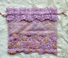 【未使用】レース　刺繍　巾着　ポーチ　ピンク　ハンドメイド