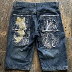 メモリースペシャル 刺繍デニム 錦鯉 昇鯉 和柄 ショート デニム W82 