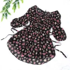 GUESS 花柄 シフォン チュニック シアーシャツ 五分袖 ダークコアのサムネイル