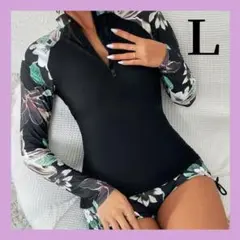 【再入荷】Lサイズ ブラック ボタニカル柄 ラッシュガード ワンピース水着