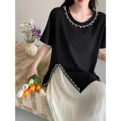【新品】大きいサイズ夏服トップスゆったり半袖スリットパール付き4L ラージ体型