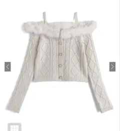 ファーオフショルダーケーブル編みニットトップス