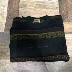 幾何学模様 ニットセーター ダークグリーン