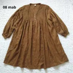 08Mab ロングワンピース レッド 長袖 ピンタック リネン100% 麻 F