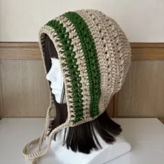 【手編み】ボンネット帽 ニット帽 耳あて ハンドメイド