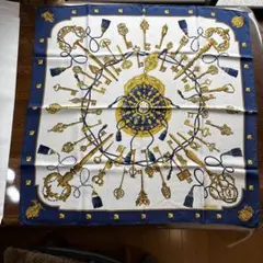 エルメス カレ90 LES CLES 鍵柄 シルク スカーフ ブルー ゴールド