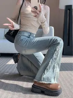 《GRL》フリンジフレアデニムパンツ［ks096］