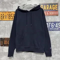 ち*】様 Champion パーカー ネイビー M ワンポイントロゴ 古着　フー