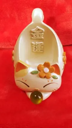 風水猫の形の小物入れ 陶器製