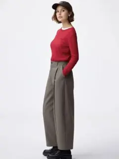 GUブラッシュドワイドテーパードパンツLオリーブ