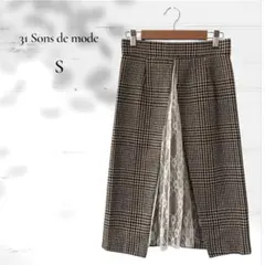 31 Sons de mode／異材質拼接裙 側開衩 蕾絲