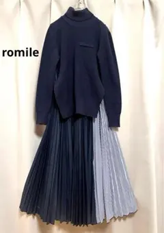 romile 異素材アシンメトリー柄プリーツハイネックニットフレアロングワンピのサムネイル
