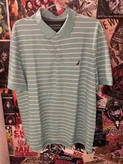 Nautica 水色 ストライプ ポロシャツ