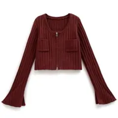 GRLスリットフレアスリーブジップニットカーディガン[tu1294]ボルドー