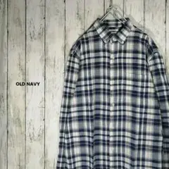 OLD NAVY オールドネイビー リネン BD長袖チェックシャツ ブルー M