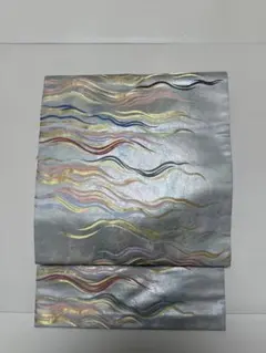 名古屋帯 流水文 金糸 フォーマル　銀鼠色　九寸