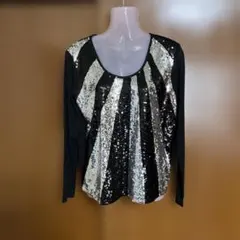 スパンコール装飾長袖トップス ブラック・シルバー