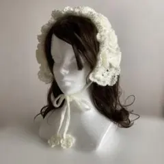 ハンドメイド　モヘア白　ヘッドドレス　お花モチーフ　リボン