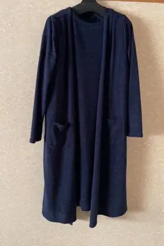 ニット　ワンピース　アンサンブル　カーディガン　　ネイビー 長袖 ポケット付き