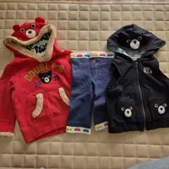 DOUBLE.B クマのフード付きトレーナー 、黒ベスト、スパッツセット