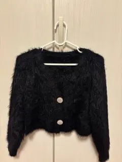 kirakirashop シャギー ニットカーディガン 黒 クロップド丈 F