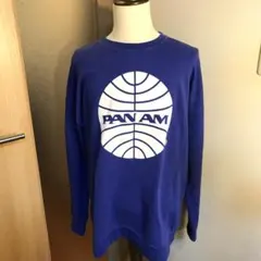 メンズ【美品 ZARA PANAM】US L 青 企業 大 ロゴ スウェット