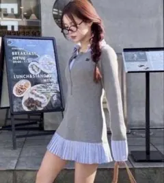 【Nono企画】ドッキングプリーツミニワンピース　グレー