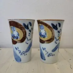 幸せうさぎ　陶器コップ　ペアセット　湯呑み　夕立釜