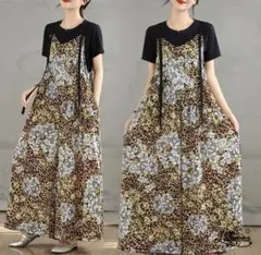 F 新品　26年度　夏春　ゆったり　薄手　花柄　ヒョウ柄　オーバーオール