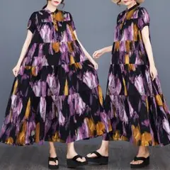 【大きいサイズ】新品 夏物ティアードワンピース 花柄 ゆったり マキシ丈 半袖