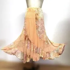 6409★M オレンジ系 花柄レース スカート 社交ダンス