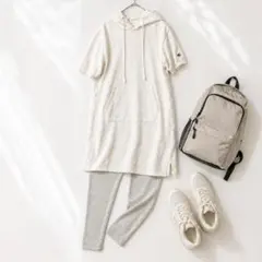 Champion♡フード半袖ワンピース パーカー ホワイト M