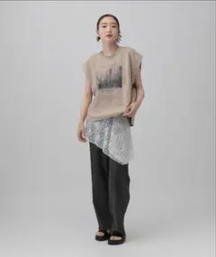 フォトプリント ノースリーブ Tシャツ ベージュ