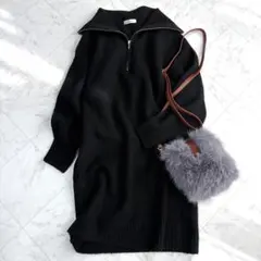 【ナチュラルビューティーベーシック】ニットワンピース　ハーフジップ　ミニ丈　黒