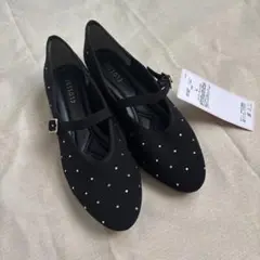LL ストーン装飾 フラットパンプス 黒　新品未使用