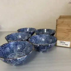 未使用品　有田焼　深ノ原窯　染付捻祥瑞　足付き小鉢揃　5枚