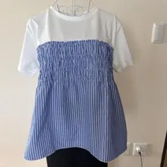 ストライプ柄シャーリング切替カットソーのサムネイル