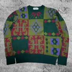 柄ニット　セーター　総柄　レトロ　マルチカラー　幾何学模様　グリーン　ウール　L