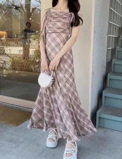 GRL チェック柄ギャザーリボンキャミソールワンピース dk1411