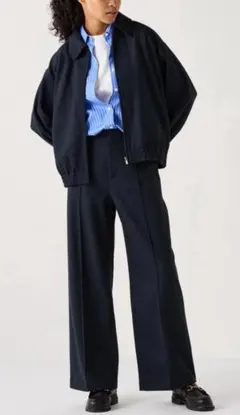 UNIQLO ブラッシュド ジャージー ワイドパンツ S ネイビー