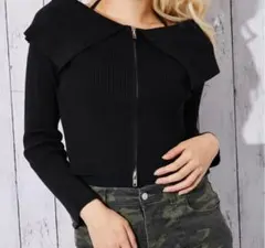 GORGE デカ衿×ホルターネック　レディース　リブニット　ジップカーデ