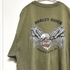 古着　ハーレーダビットソン　イーグル　両面プリント　カーキー
