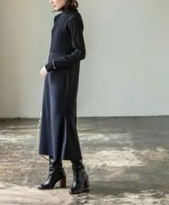 【美品】NOBLE カラーブロックニットワンピース リブニット ネイビー