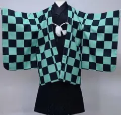七五三 五歳 男児 羽織 袴フルセット 日本製 黒×緑 市松模様 NO37097