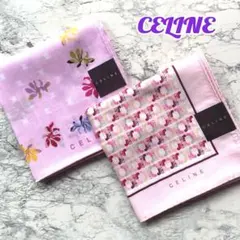 ◆未使用◆セリーヌ ハンカチ 2枚 マカダム 総柄 ボタニカル ロゴ 花 ピンクのサムネイル