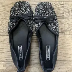 キラキラ パンプス フラット 23.5cm ブラック リボン
