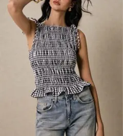 夏に絶対かわいい！ギンガムチェック ノースリーブ S ネイビーブルー　へプラム