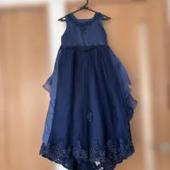 ネイビー フリル付きドレス ビーズ刺繍