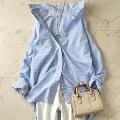 美品♪セオリーリュクス コットンバンドカラー半袖シャツ 38 ブルー 高橋リタ 美品♪セオリーリュクス コットンバンドカラー半袖シャツ 38 ブルー